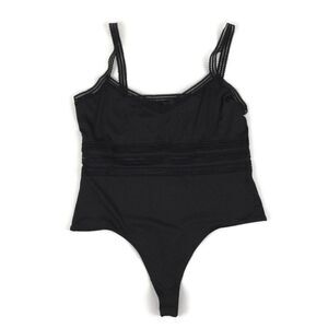 NEW Guess Olya Crochet Trim Bodysuit Women's XL Black Ribbed Knit Stretch V-Neck